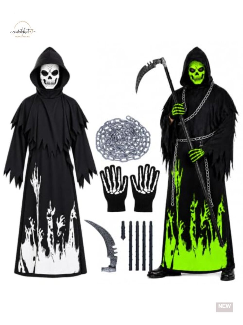 Grim Reaper Costume Set Hooded Robe Scythe Gloves Glow in the Dark Halloween